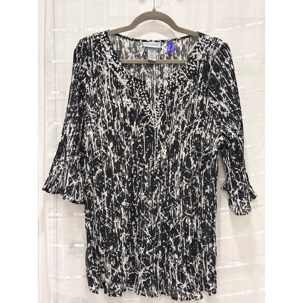 Catherines Petite Plus 0XWP 14/16WP Black White Abstract Studded Pleated Blouse